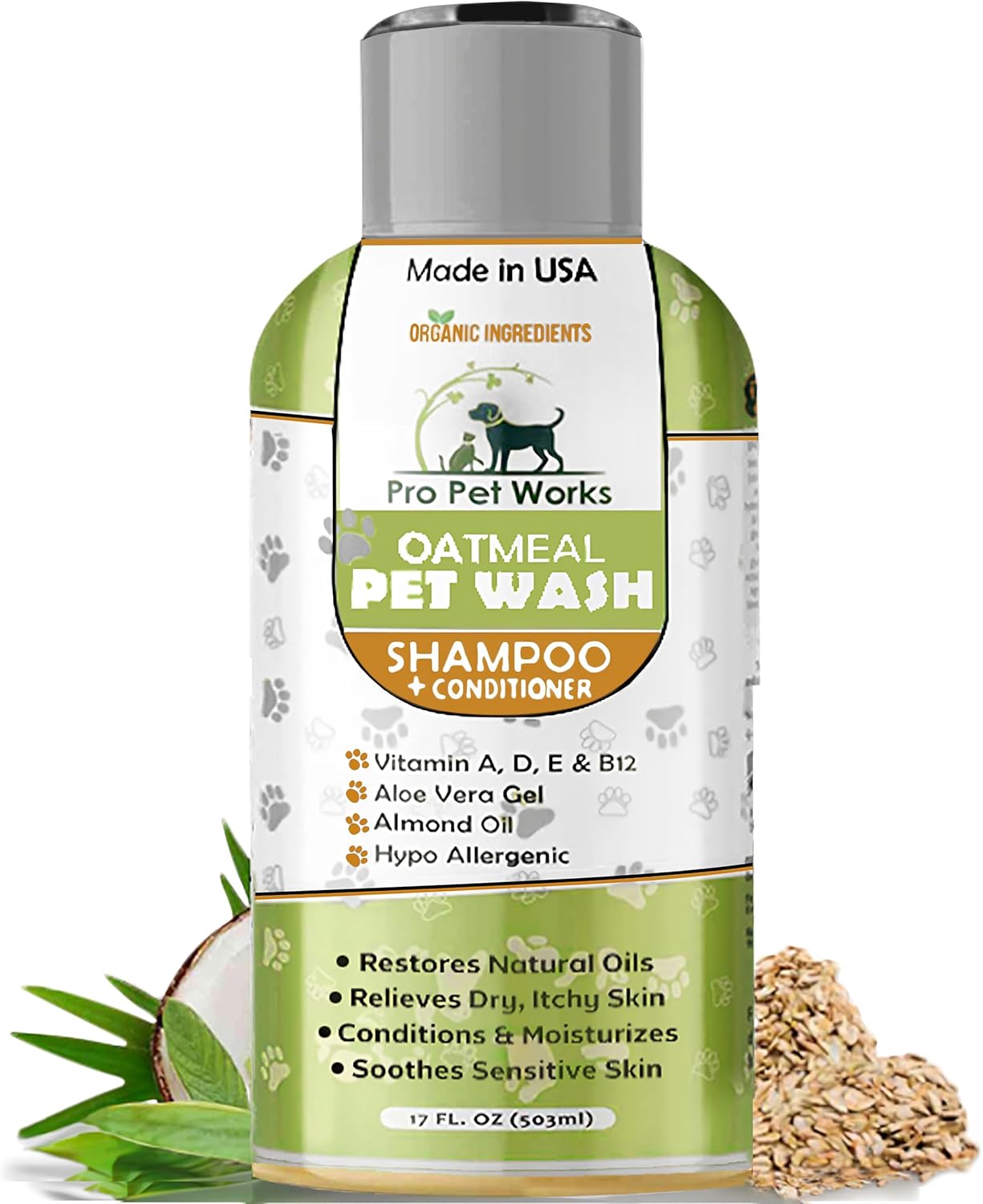Oatmeal Dog Shampoo & Conditioner 17oz [USA] 5 in 1 Plant-Based Organic Sulfate-Free Soap-Free-Tearless Moisturizer for Dandruff Allergies & Itchy Dry Sensitive Skin-Puppy Grooming [Pro Pet Works]