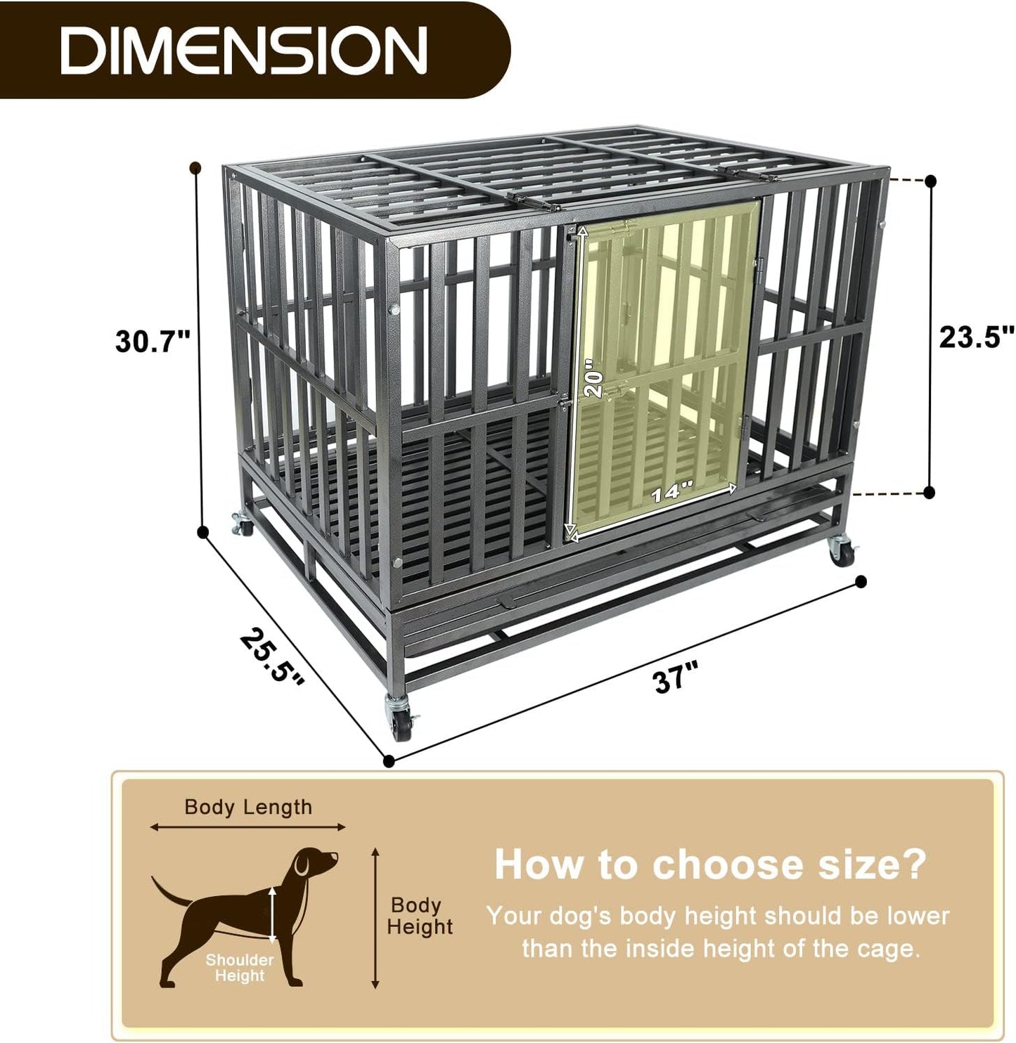 Confote 37 Inch Heavy Duty Dog Crate Metal Cage Kennel, High Anxiety Pet Cage with Lockable Wheels & Double Doors for Small Dogs