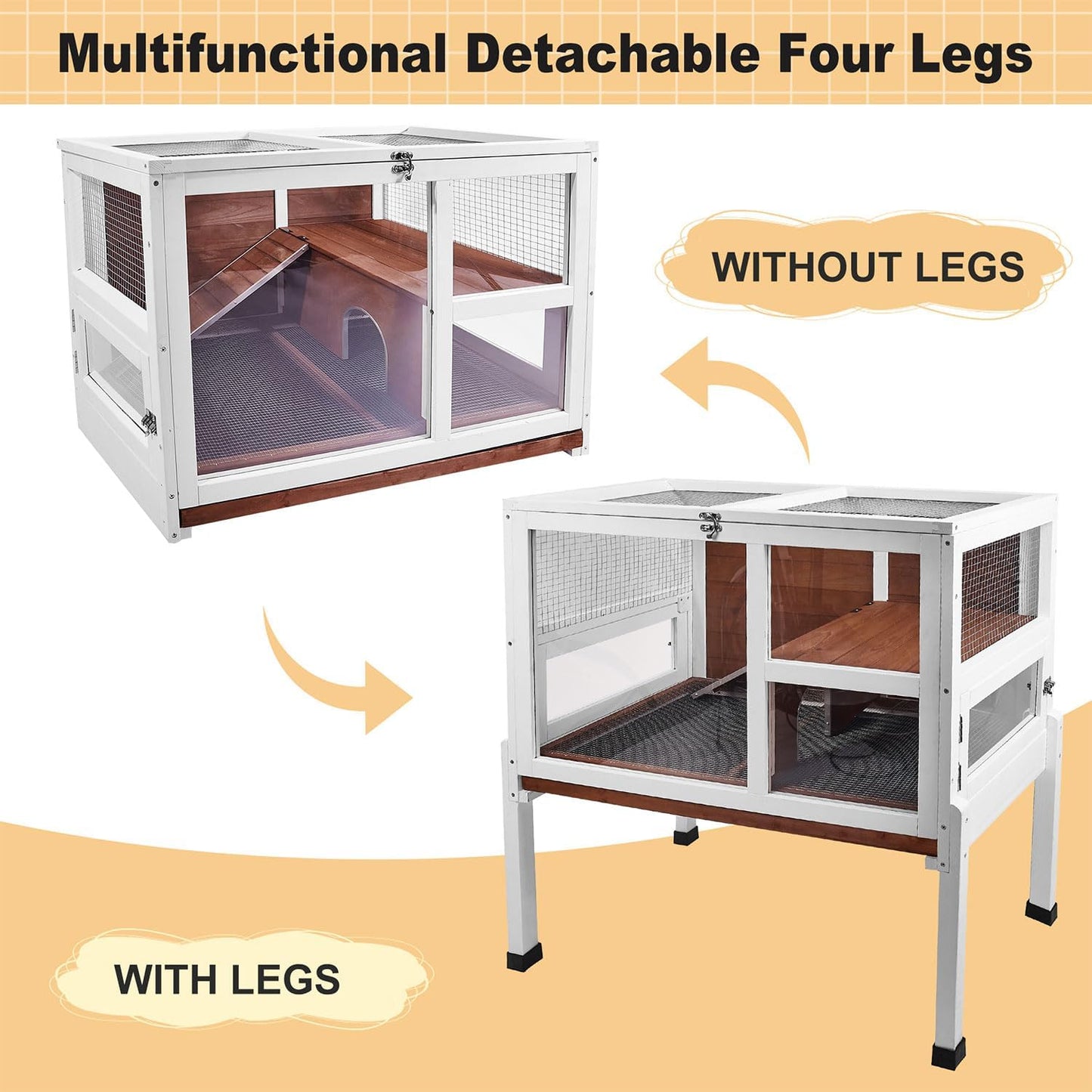 2-Story Guinea Pig Cage with Stand, Indoor Wooden Hamster Cage with Ramp, Pull-Out Tray, Hideout & Platform, Acrylic Transparent Small Animal Habitat for Chinchillas, Ferrets, Hedgehogs, Walnut