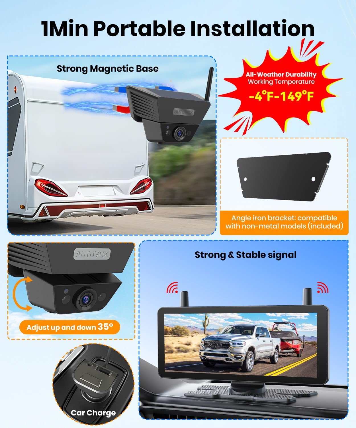 AUTO VOX Wireless Backup Camera Solar Magnetic: with 7.2" DVR 1080P 2 Split Recording Monitor, Dual Antenna Stable Signal,IP69K & 1-Min Install,HD IR Night Vision for Truck, Trailer, RV, Camper