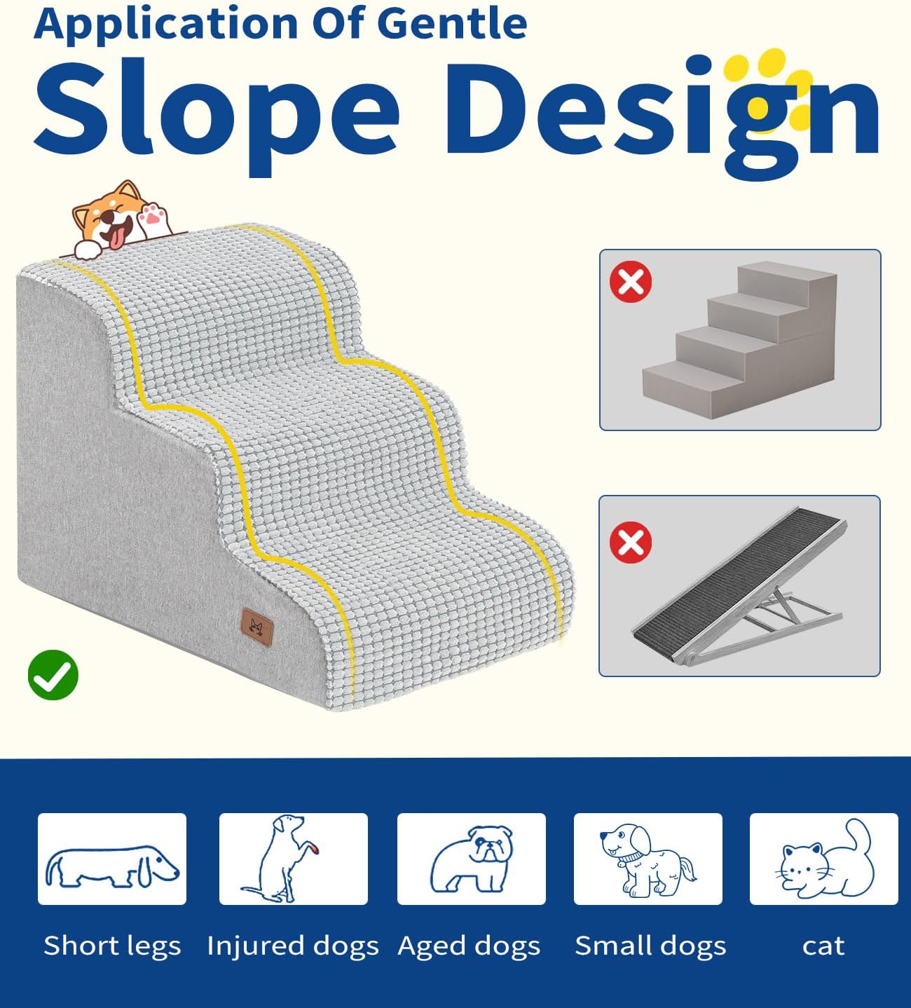Dog Step for Bed, Dog Stair 3-Step 35D Pet Stair 15.7" H for High Bed or Sofa Non-Slip Balanced Pet Step Indoor, Light Grey