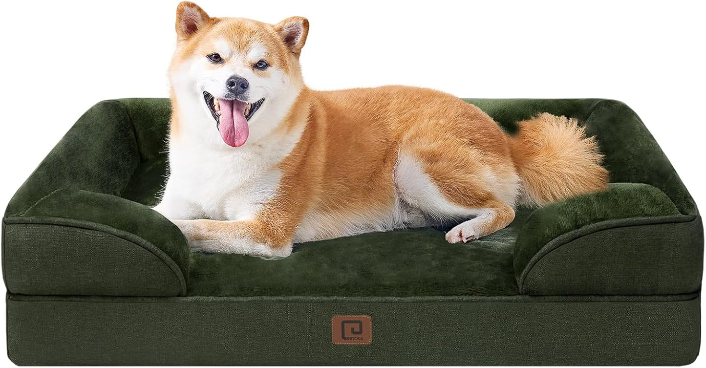 EHEYCIGA Orthopedic Dog Beds for Large Dogs, Waterproof Memory Foam Large Dog Bed with Sides, Non-Slip Bottom and Egg-Crate Foam Pet Couch Bed with Washable Removable Cover, Dark Green