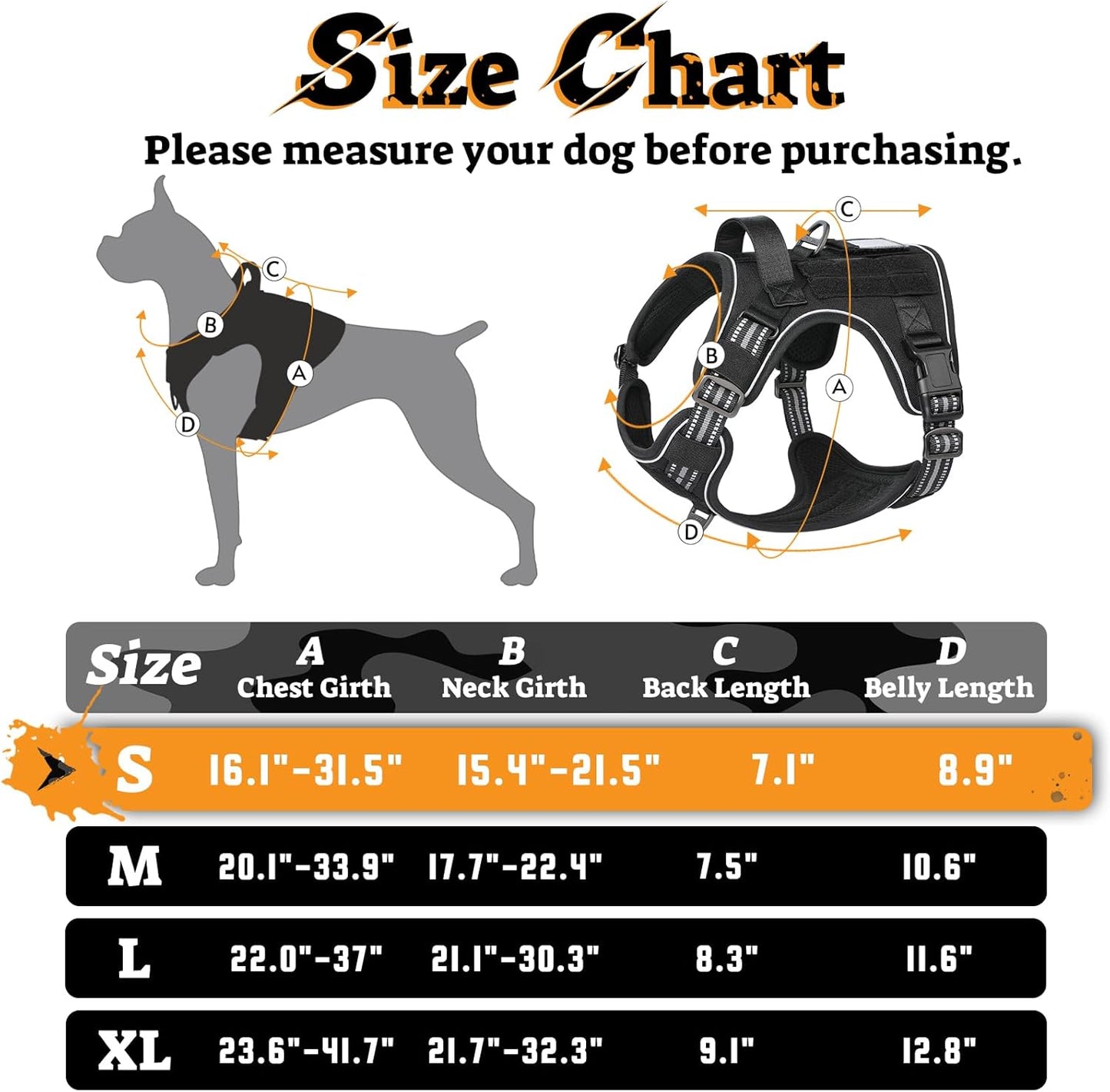 rabbitgoo Dog Harness Small Sized No Pull, Tactical Service Pet Vest with Molle and Control Handle, Adjustable and Reflective Military Harness for Easy Walking and Training, Black, S