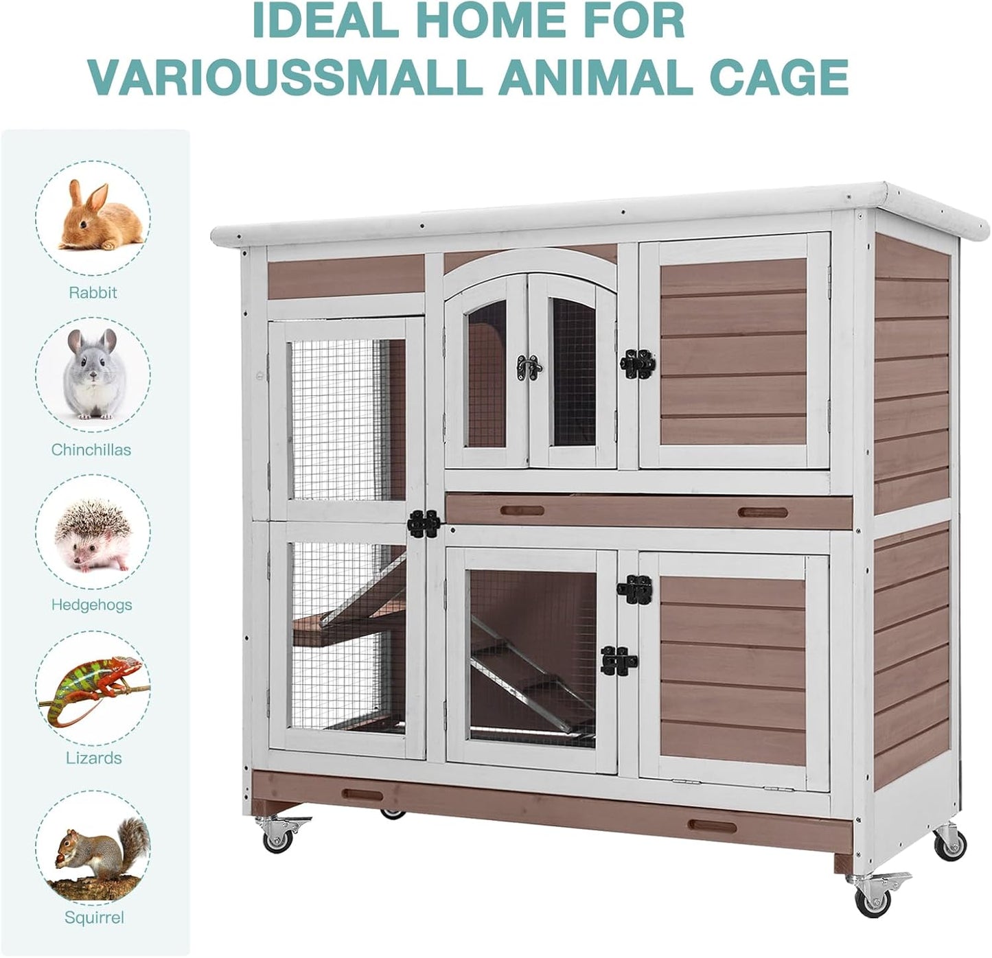 Rabbit Hutch Indoor Bunny House Guinea Pig Cage with Sliding Plastic Trays, Wheels & Ramp, 47.2" Multi-Door Wooden Small Animal Cage for Rabbits, Bunnies, and Guinea Pigs (Brown)