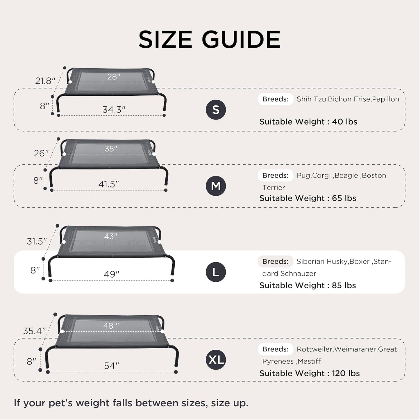 Bedsure Outdoor Elevated XL Dog Bed, Portable Indoor & Outdoor Cooling Raised Cot Pet Hammock Bed with Skid-Resistant Feet, Frame with Breathable Mesh, Grey, 54 inches