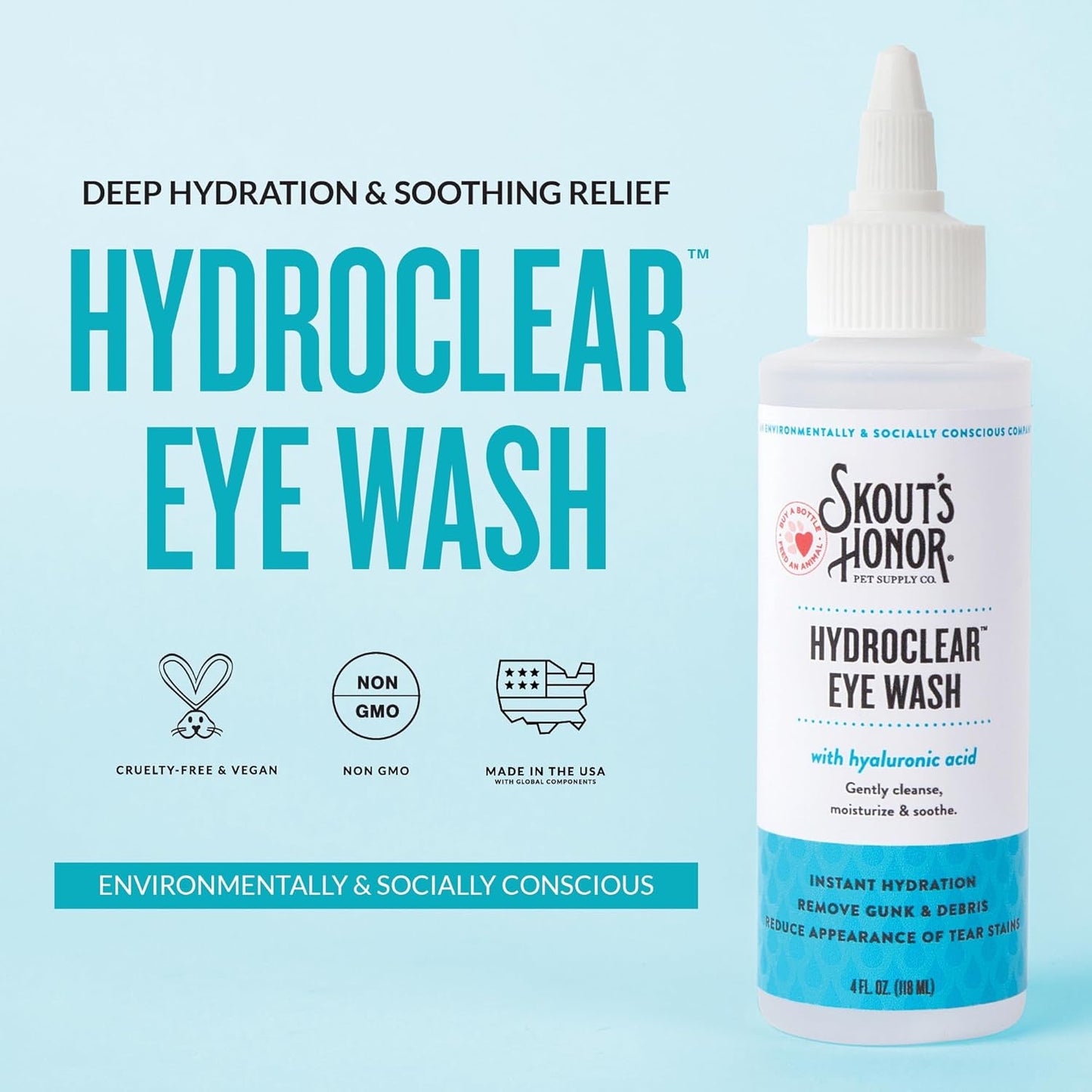 SKOUT'S HONOR HydroClear Eye Wash with Hyaluronic Acid, 4oz Bottle - Non-Medicated, Daily Eye Care for Dogs & Cats