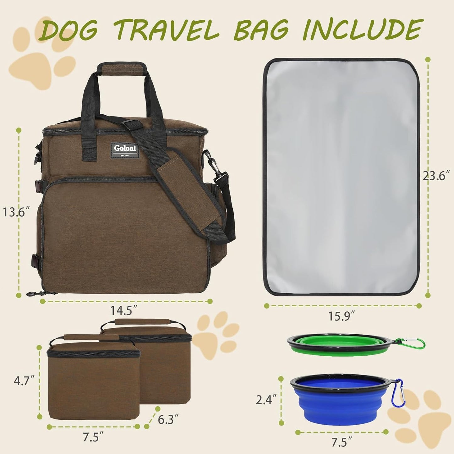 Dog Travel Bag Airline Approved–Pet Travel Tote with Collapsible Bowls,Food Containers & Feeding Mat–Multi-Pocket Organizer for Dogs & Cats, Durable & Water-Resistant for Hiking,Trips,Outdoors