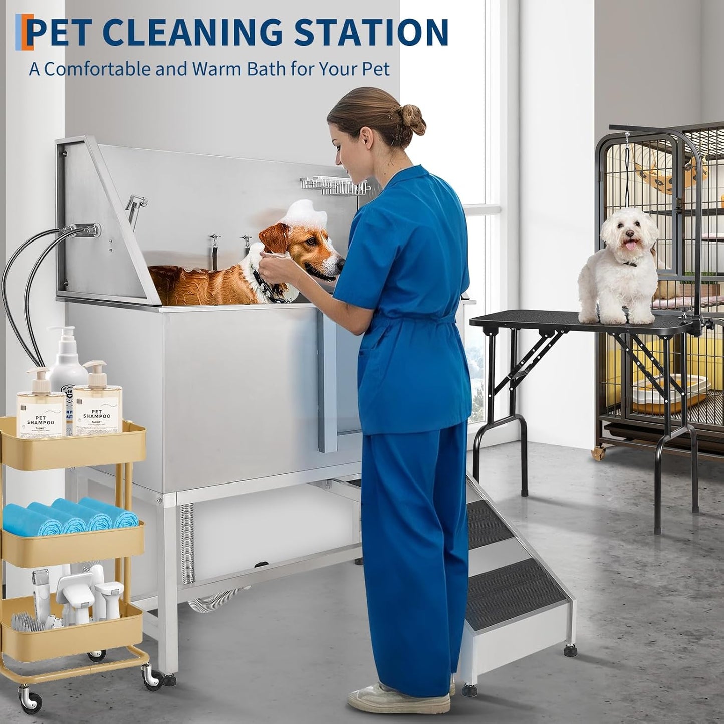 Stainless Steel Dog Washing Station - Dog Bath Tub for Large, Medium, Small Dogs, Pet Grooming Tub with Ramp, Non-Slip Grate, Shower, Soap Box, Faucet, Drain for Home & Outdoor （Right RAMP, 60"）