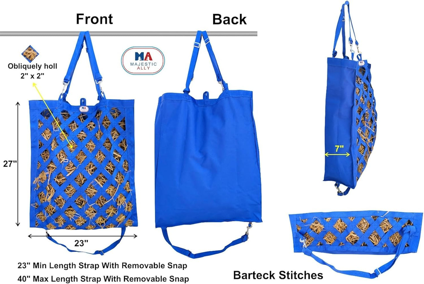 Majestic Ally Premium Nylon Hay Bag for Horses and Livestock, Simulates Grazing, Slow Feeding, Heavy-Duty PP Webbing,Quick-Adjust Straps, Small Hole for Digestion, Multiple Colors (Teal)