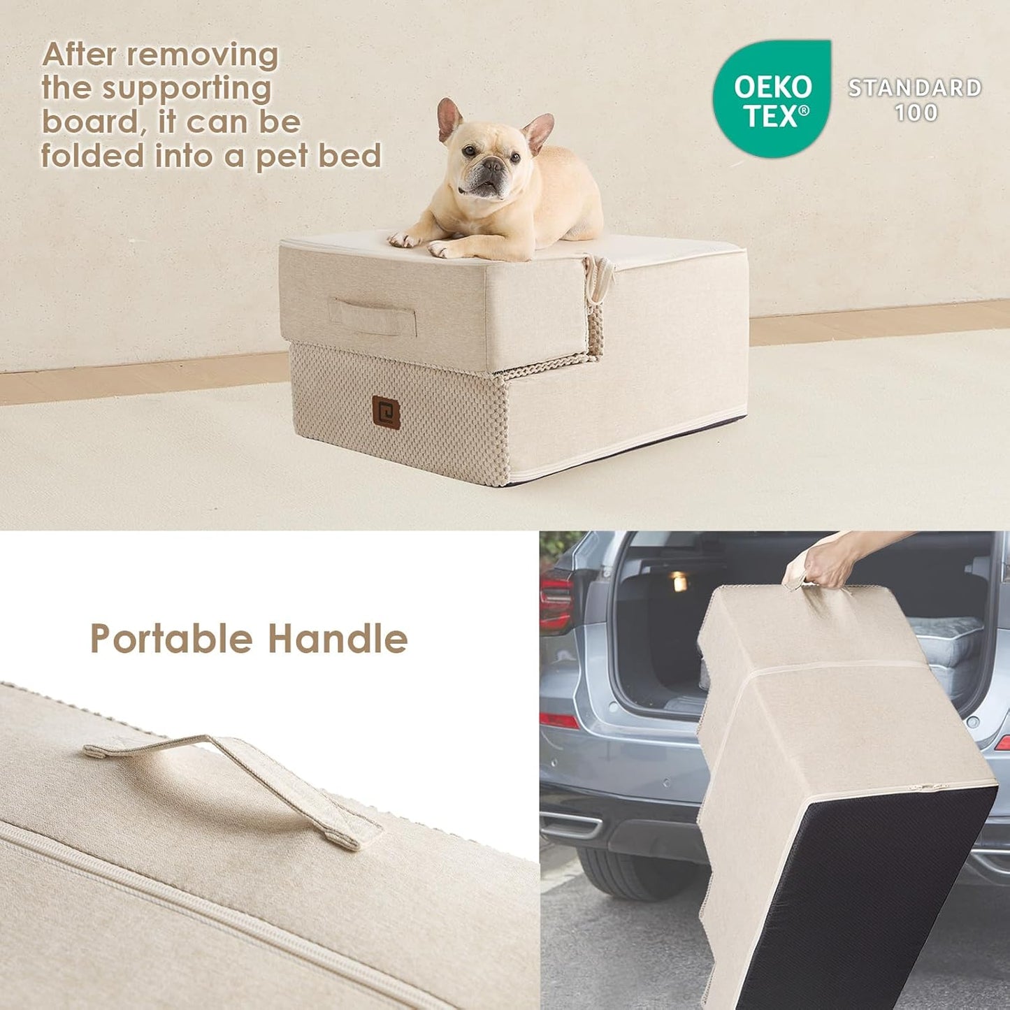 EHEYCIGA Dog Stairs for Small Dogs 13.5" H, 3-Step Dog Steps for Couch Sofa and Chair, Pet Steps for Medium Cats, Non-Slip Balanced Pet Ramp Indoor, Beige