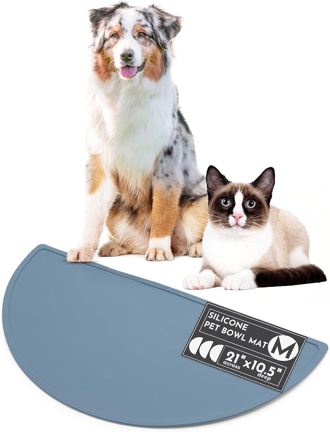 Waterproof Silicone Pet Food Mat - Non-Slip, Spill-Proof Feeding Mats for Floors, Raised Edge Design, Easy-to-Clean Mat for Dog & Cat Bowls, 21" Across x 10.5" Deep, Medium-Ocean Blue