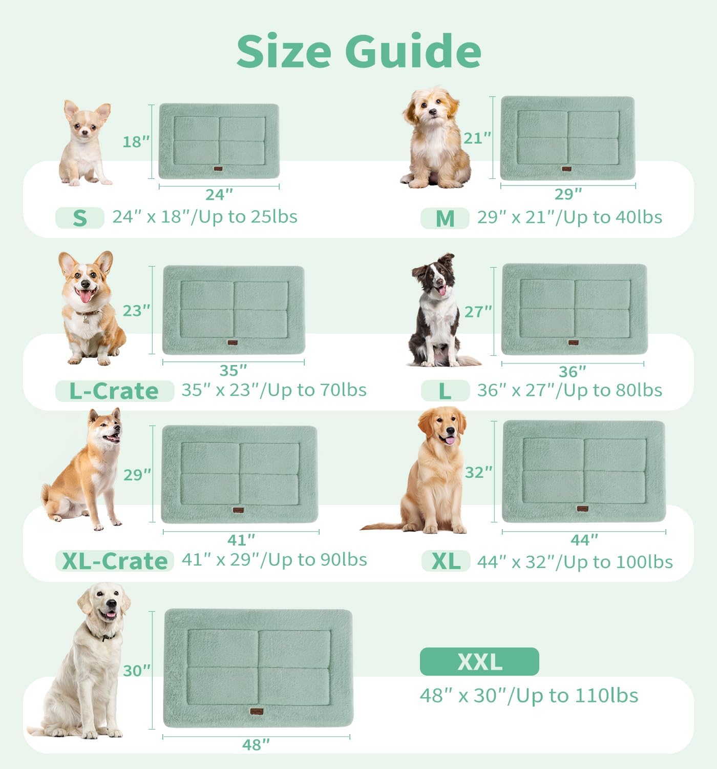 Made4Pets Dog Crate Pad Bed for Medium Dogs, Washable & Reversible, Anti-Slip Kennel Mat for Cozy Sleeping, Soft Fluffy Dog Bed for Indoor & Outdoor Use, 29"x21", Green