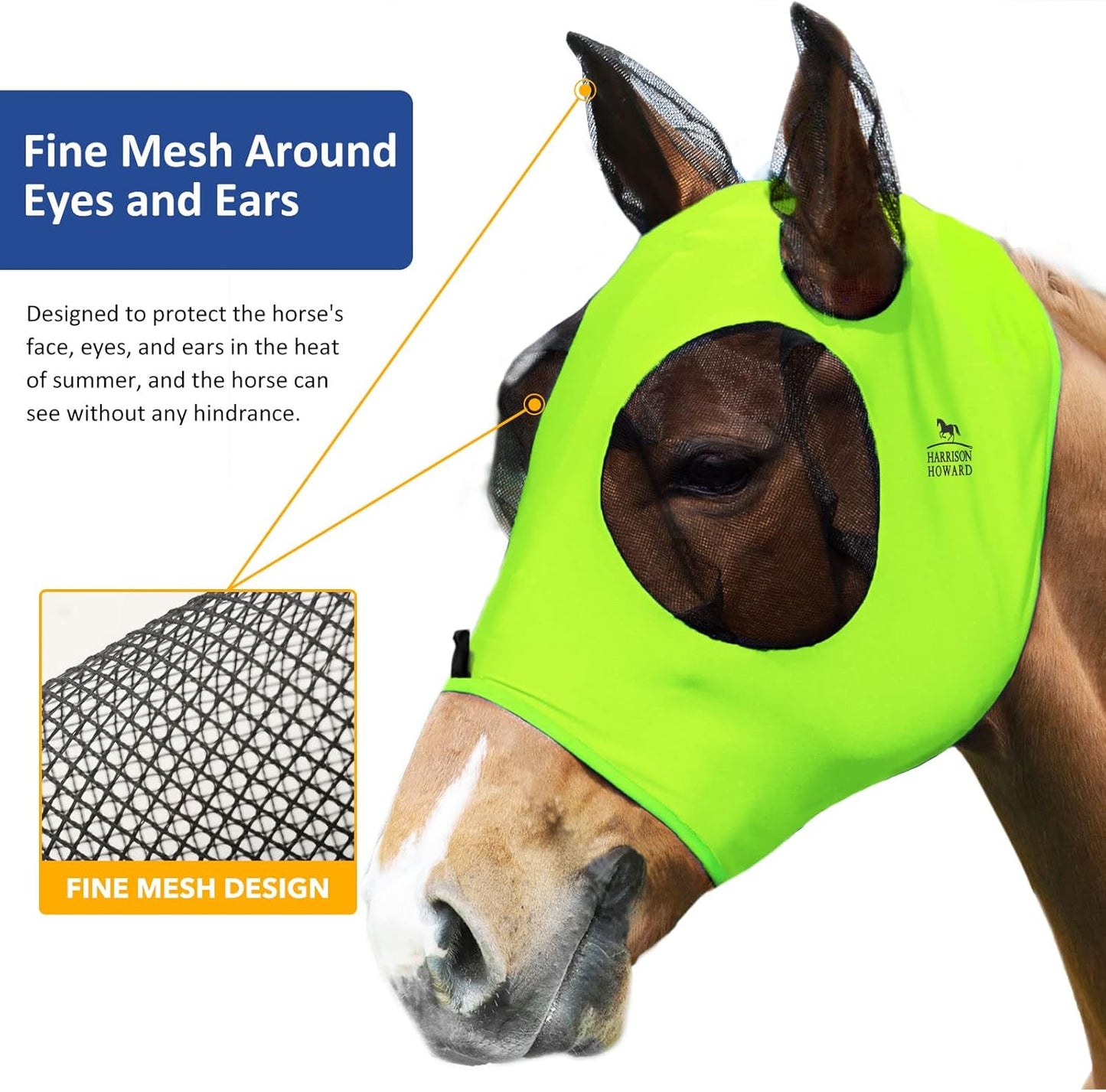 Harrison Howard Super Comfort Stretchy Fly Mask Large Eye Space with UV Protection Soft on Skin with Breathability Fluro Lime M Cob