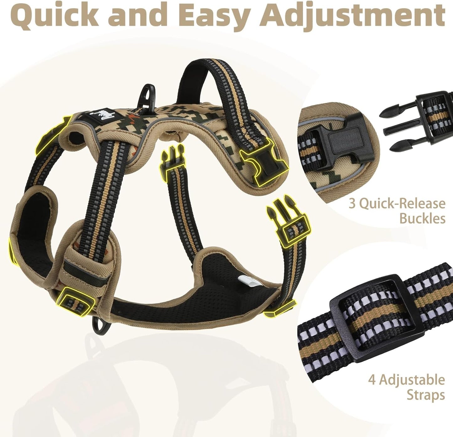 PUPTECK No Pull Dog Harness for Large, Adjustable Reflective Dog Harness with Handle Easy Control, Comfortable Soft Padded Pet Vest Harness for Extra Large Dogs, Camouflage XL
