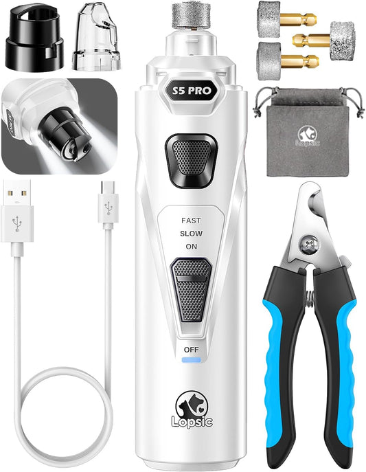 Dog Nail Grinder with 2 LED Lights Powerful 2 Speeds Super Quiet Dog Nail Trimmers with 3 Grinding Wheels Rechargeable Pet Dog Nail Clippers for Large Medium Puppy Dogs Dog Nail File Cat Nail Clipper