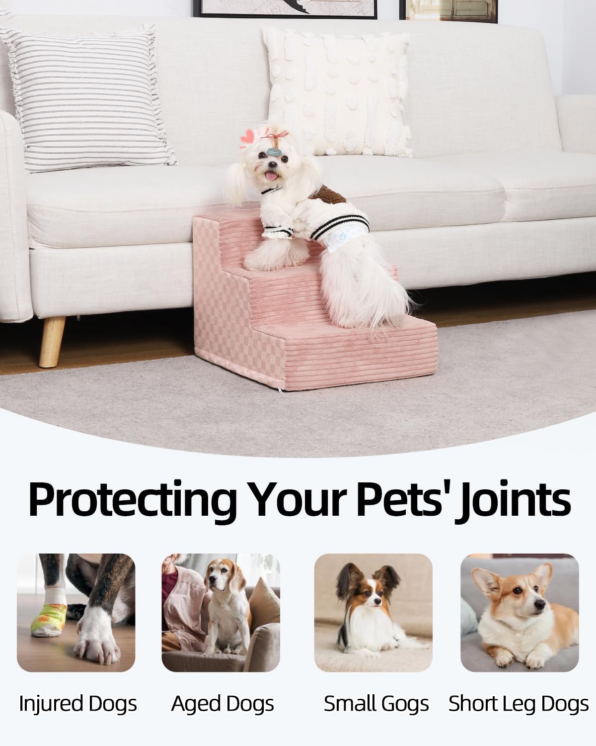 Dog Stairs for Small Dogs,13" H,3-Step Dog Steps Ramp for Bed and Couch with High Density Foam,Non-Slip Pet Steps for Doggy and Cat,Pet Stairs with a Washable Cover,Pink