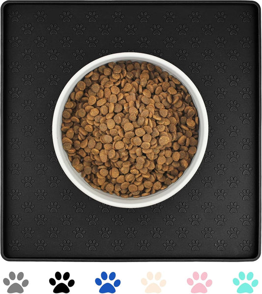 Ptlom Pet Placemat for Dog and Cat, Waterproof Non-Slip Silicone Feeding Bowl Mat Prevent Food and Water Overflow, Puppy Dish Feeder Fountain Trays Suitable for Medium and Small Pets, Black