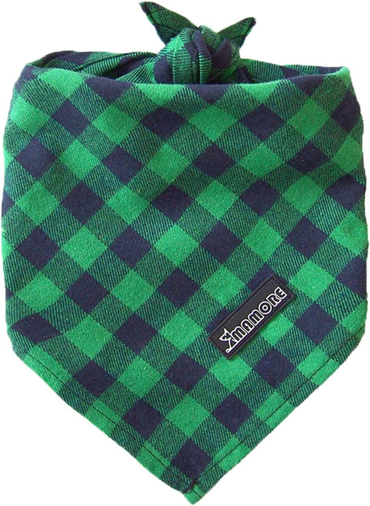 Adjustable Plaid Dog Bandanas,1PC Soft Washable Cotton Triangle Bib Kerchief Scarfs for Small Medium Large Dogs and Cats(Square Green, Large)