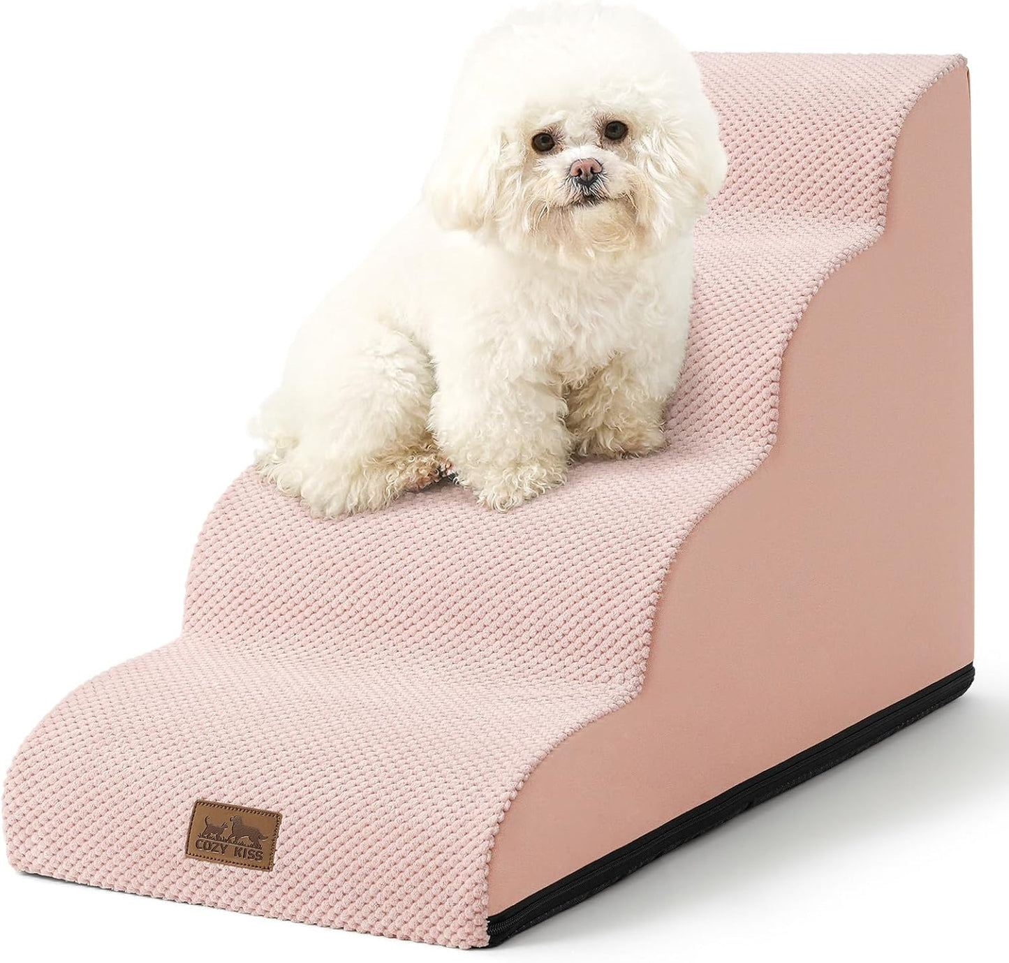 Dog Stairs for Small Dogs 19.7" H, Curved Dog Step for Puppy, Older or Cat, Medium Pet Ramp for Sofa, Couch or Bed, Ladder with High Density Foam, 15.7x28.3x19.7 inch, 4 Step, Pink