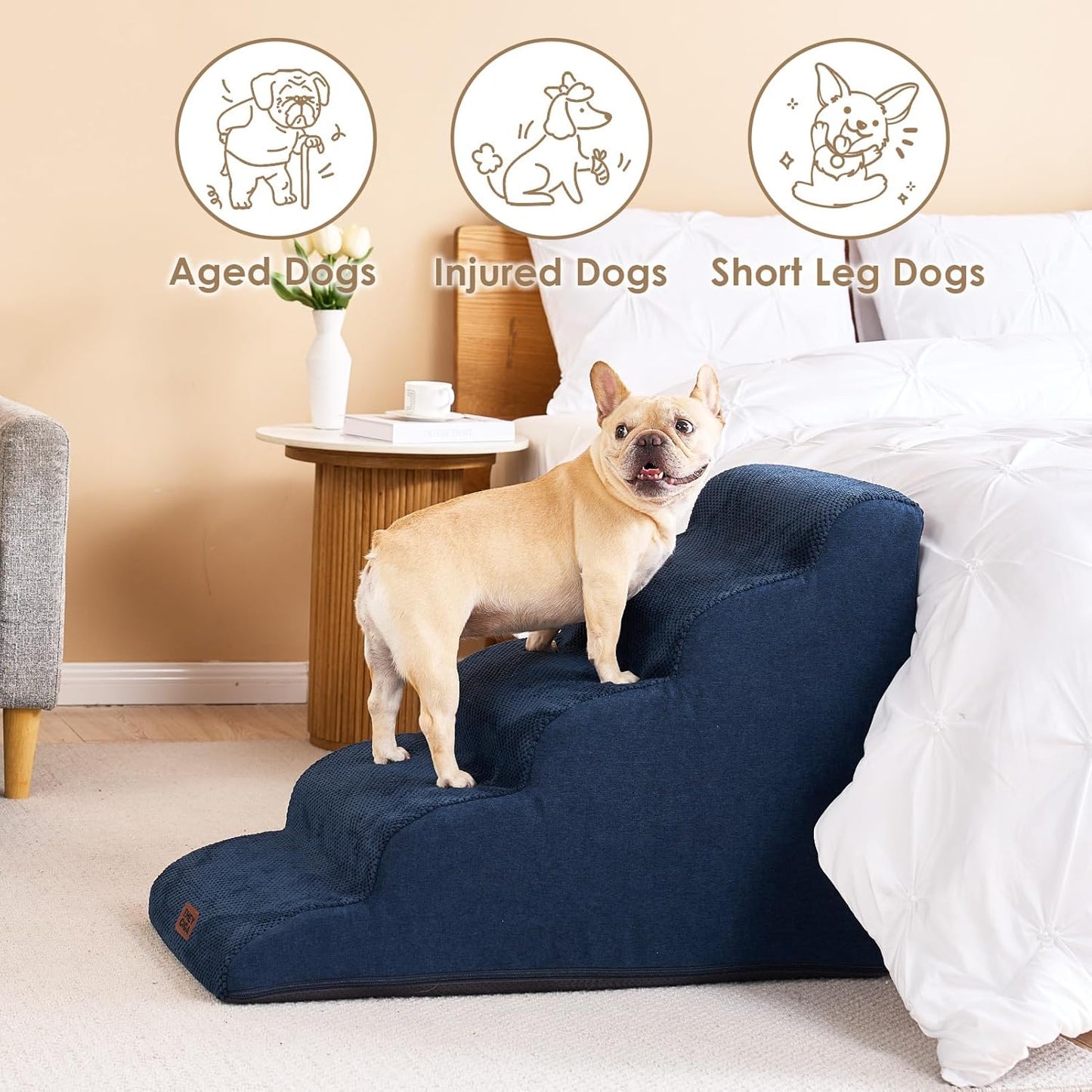 EHEYCIGA Curved Dog Stairs Ramp for High Beds 22.6" H, 5-Step Dog Steps for Small Dogs and Cats, Pet Stairs for High Bed Climbing, Non-Slip Balanced Pet Step Indoor, Navy