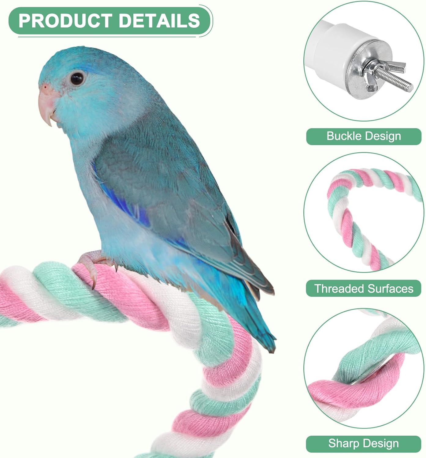 1-Set Rope Perches for Bird Cages, 13.8 & 31.5 in Length Comfort Grip Flexible Rope Perch Beak & Paw Grinding for Parrots/Cockatiels/Parakeets, Bird Platform Sand [Pink Cyan]