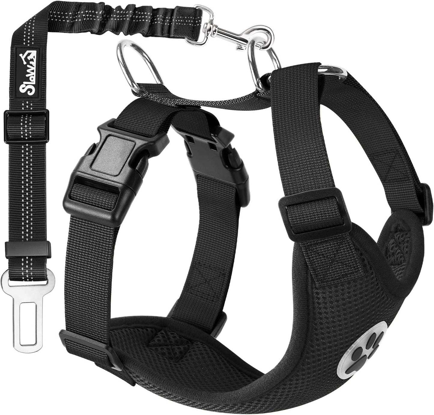 SlowTon Dog Seat Belt Harness for Car, Dog Car Harness Adjustable Mesh Breathable & Dog Seatbelt Safety Tether with Elastic Bungee for Small Medium Large Pets(Black, Single Clip, XXXS)