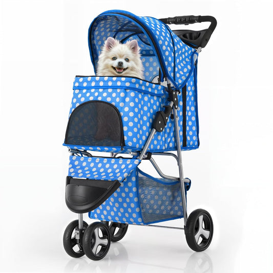 MoNiBloom 3 Wheels Pet Dog Cat Stroller for Small Medium Dogs Cats, Foldable Jogger Stroller w/Storage Basket and Cup Holder, Sky Blue Polka Dots