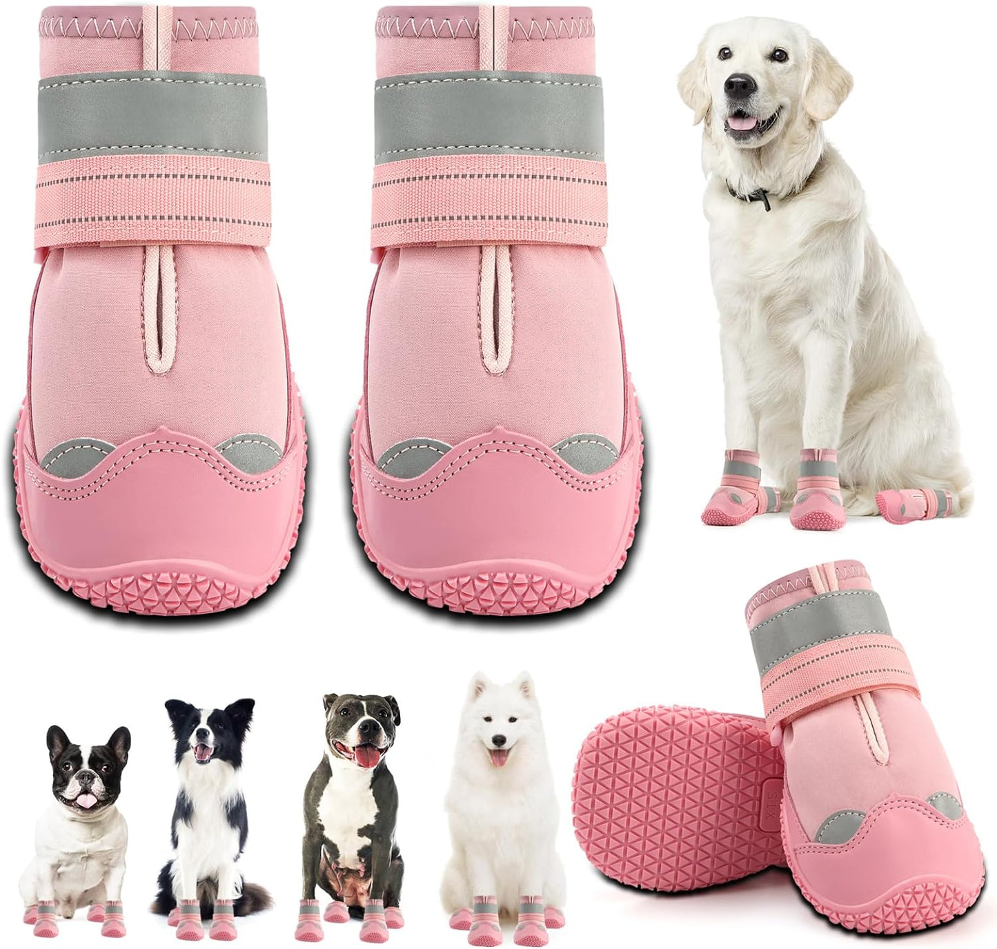 Dog Shoes for Large Dogs, Medium Dog Boots & Paw Protectors for Hardwood Floors, Outdoor Dog Booties for Hot Pavement Winter Snow Hiking, Waterproof Dog Shoes with Reflective Strips Size 8