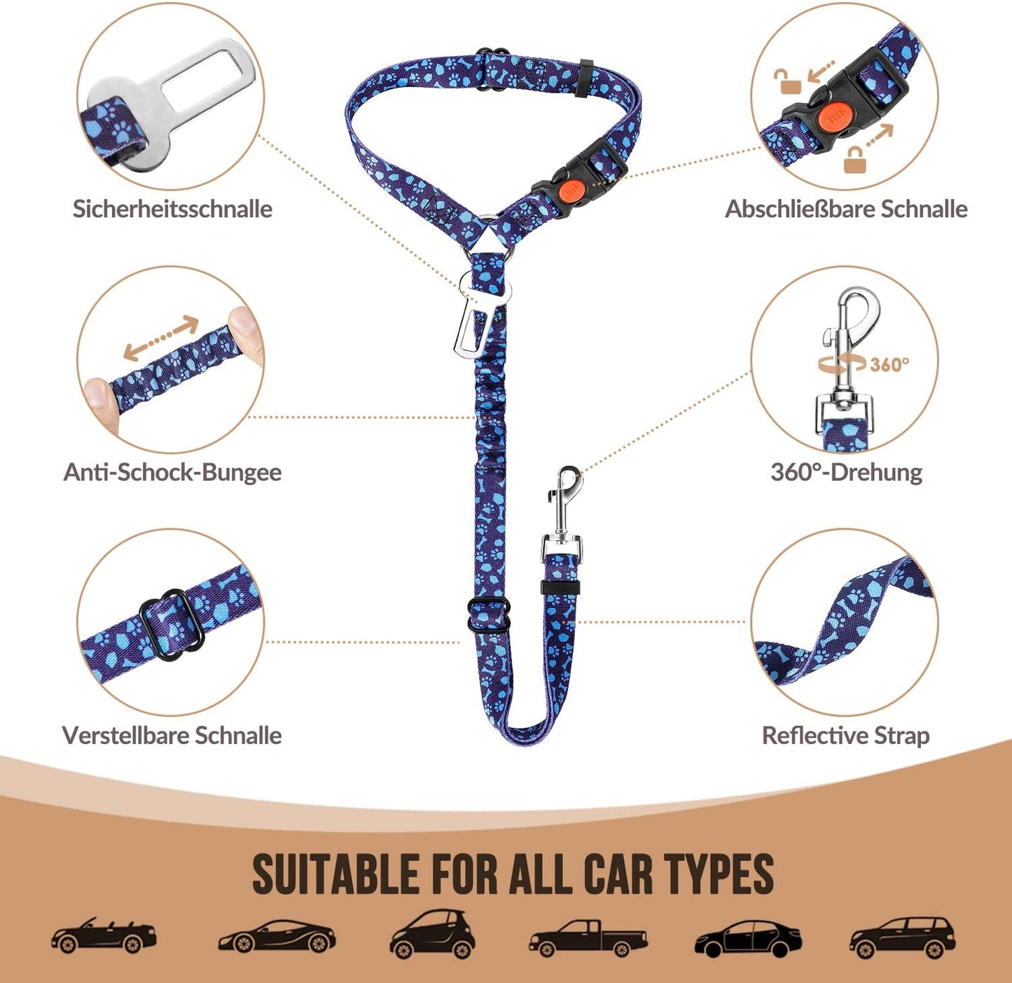 SlowTon Dog Seat Belt for Car, 2 Pack Dog Car Harness Seatbelt Adjustable with Elastic Bungee Buffer, 2 in 1 Pet Car Leash Headrest Restraint Dog Reflective Safety Tether (S, Blue, Headrest+Clip)