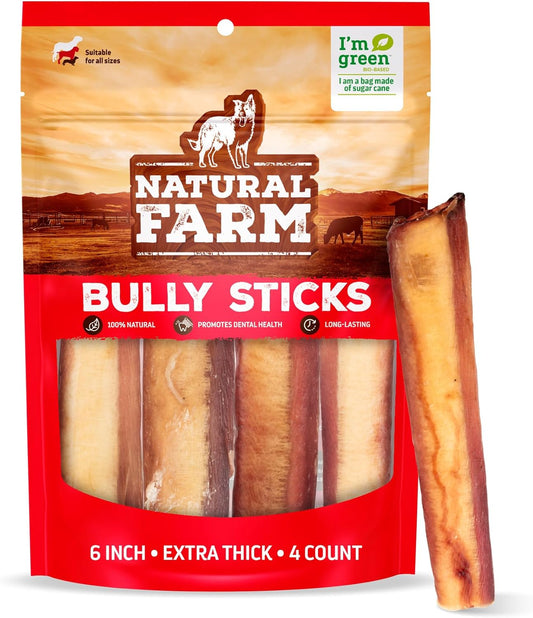 Natural Farm Jumbo Bully Sticks (6 Inch, 4 Pack), Odor Free, Extra-Thick Dog Chews - Fully Digestible 100% Beef Treats, Supports Dental Health, Keep Your Dog Busy with 50% Longer Lasting Chews