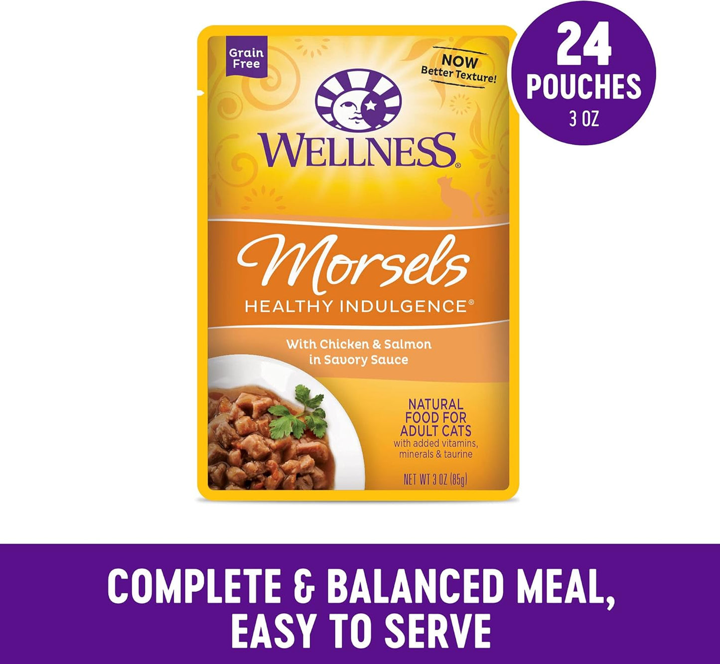 Wellness Healthly Indulgence Morsels Adult Wet Cat Food, Natural, Protein-Rich, Grain Free, 3 Ounce Pouch, 24 Pack, (Chicken & Salmon)
