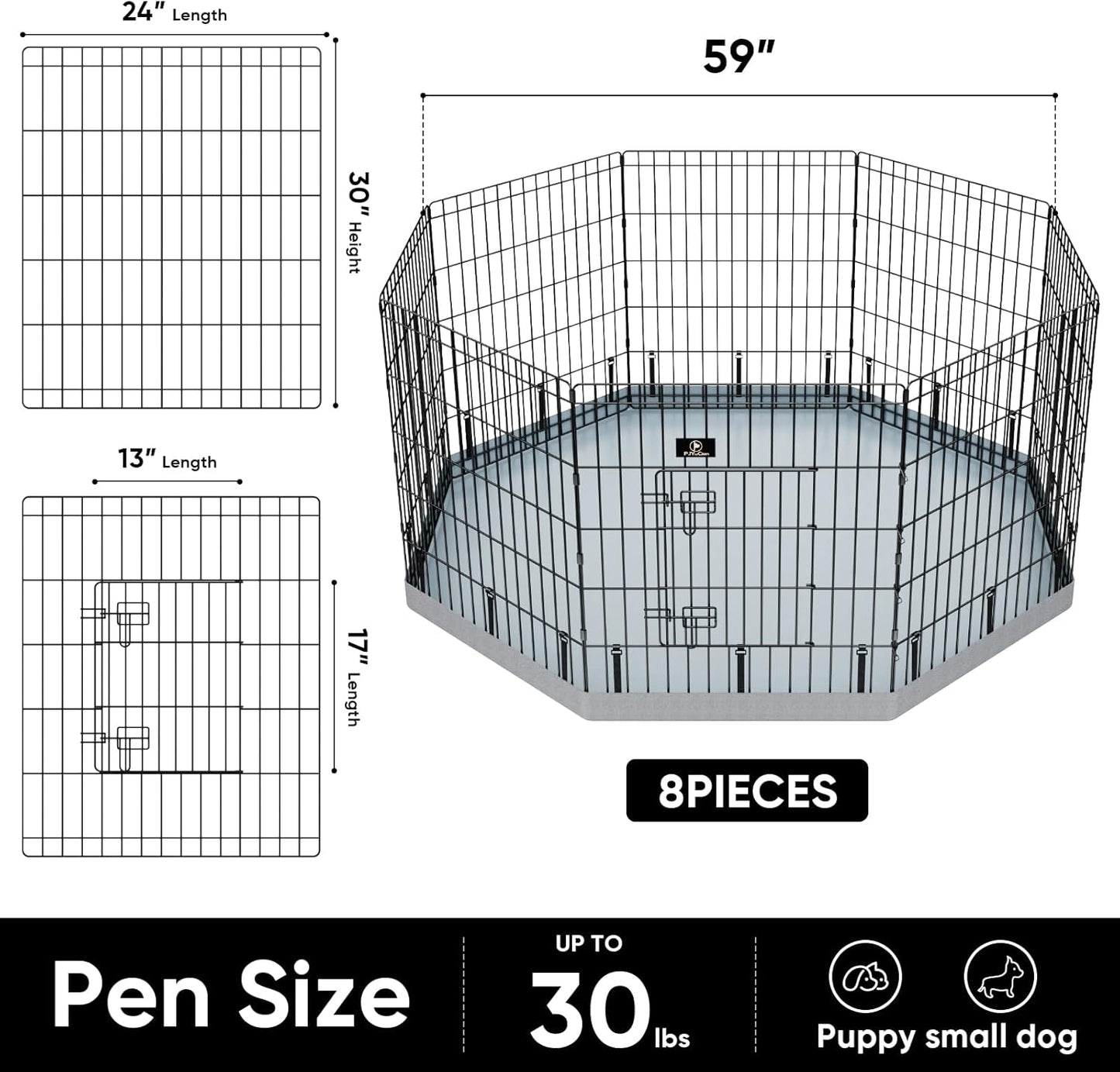 PJYuCien Dog Playpen, 8 Panels 30’’H Dog Pens Indoor with Bottom Pad, Metal Foldable Pet Puppy Exercise Fence Crate Kennel, Better for Small Animals,Grey