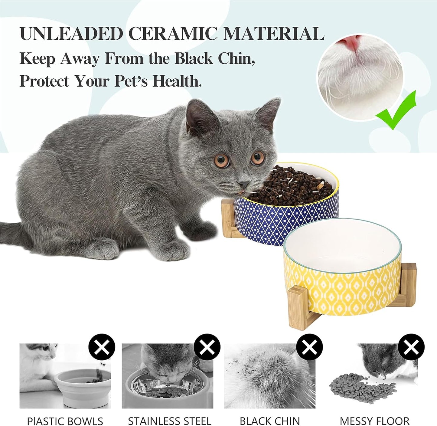 Selamica Ceramic 14 OZ Dog Bowls, Dog Food and Water Bowls with Wooden Stand, Anti-Slip Dog Dishes Set for Cats & Small Dogs, Weighted Pet Bowls Set of 2, Assorted Color A