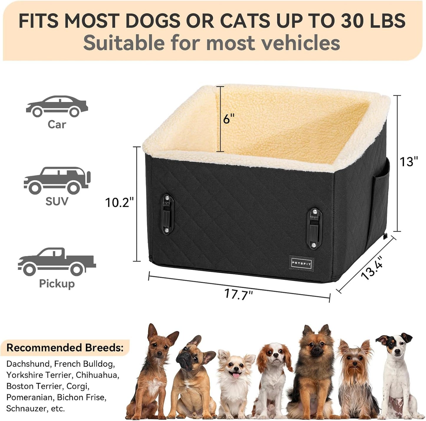 PETSFIT Dog Car Seats for Small Dogs, Soft Foam Dog Booster Seat with Patented Safety Buckles, Storage Pockets and Detachable Clip-On Safety Leash, Dog Car Seat for Medium Dogs 30 LBS (Black)