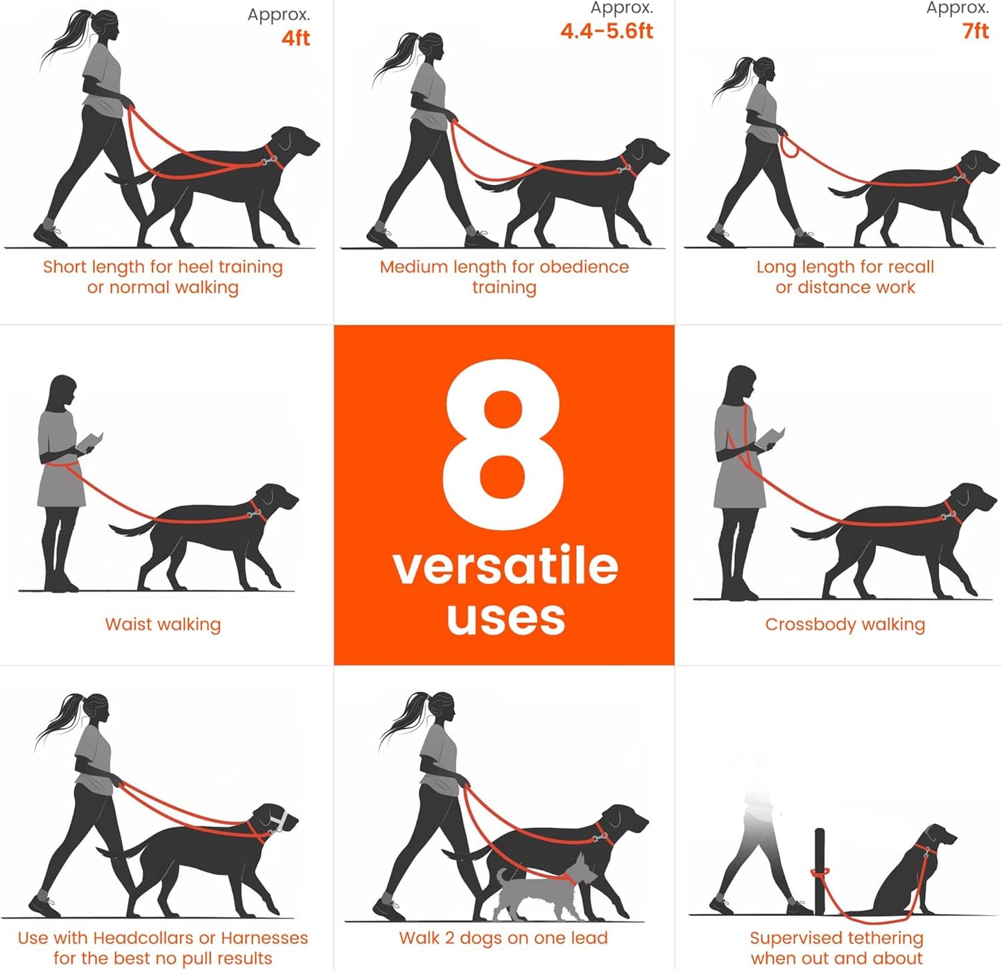 HOWGO 8-in-1 Multifunctional Hands Free Dog Training Leash with Padded Handle, 8.5 FT Nylon Adjustable Length, Lightweight Aviation Aluminum, Crossbody Waist Leash for Puppy Medium Large Dogs (Black)