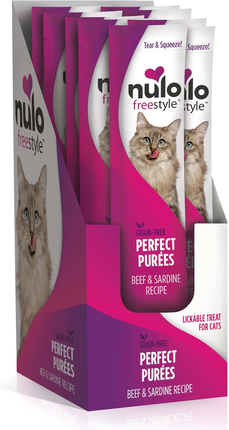 Nulo Freestyle Grain-Free Perfect Purees Premium Wet Cat Treats, Squeezable Meal Topper for Felines, High Moisture Content to Support Cat Hydration, 0.5 Ounce, Beef & Sardine