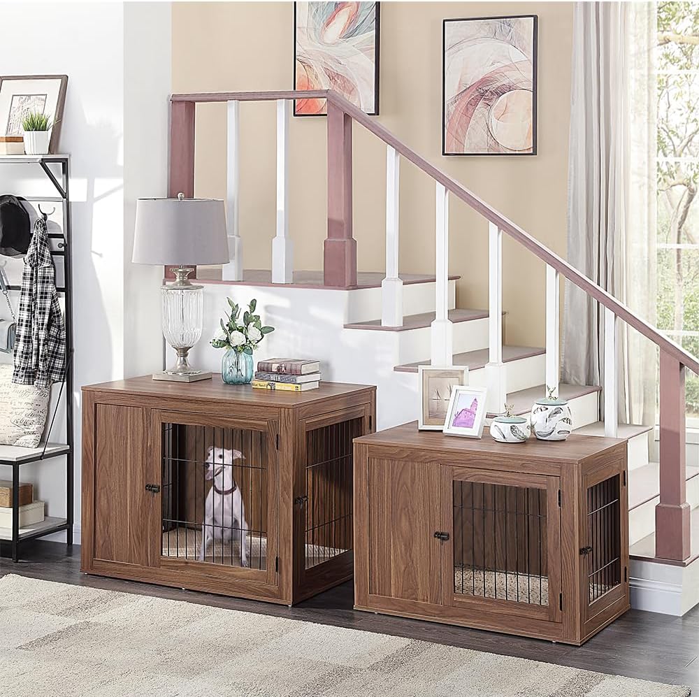 unipaws 38.5 Inch Furniture Style Dog Crate for Medium Large Dogs, Indoor Aesthetic Dog Stuff Kennel, Modern Decorative Wood Wire Cage, Pretty Cute End Side Table Nightstand, Walnut