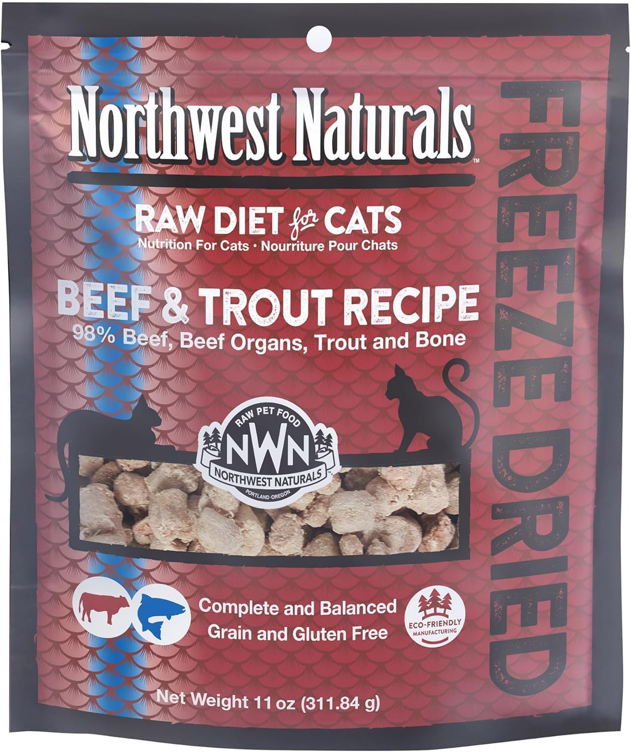 Northwest Naturals Freeze-Dried Beef & Trout Cat & Kitten Food, Bite-Sized Nibbles, Healthy, Limited, Human-Grade Ingredients, All-Natural, High-Protein Raw Diet, Complete & Balanced, Grain-Free 11 oz