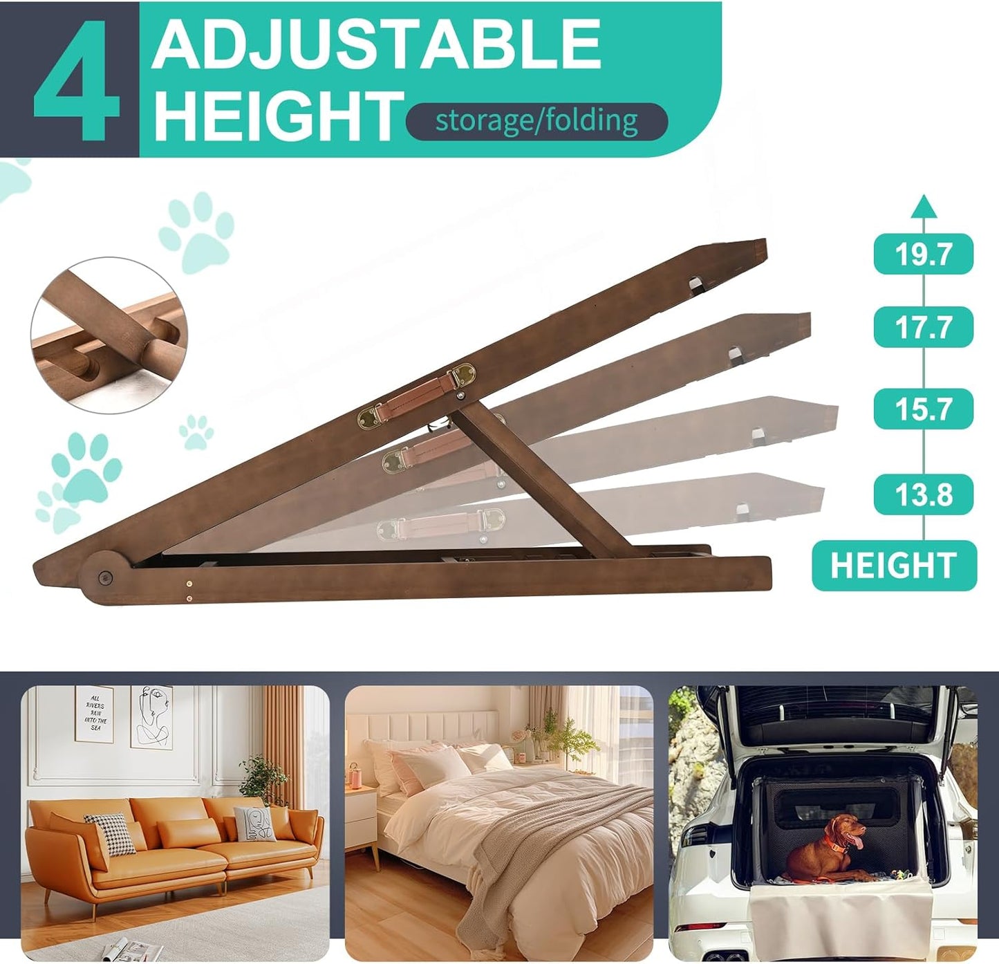 Dog Ramp, Adjustable Height Wooden Folding Pet Ramp for Bed, Couch,SUV-High Traction, Portable Paw Ramps for Small & Large Old Dogs & Cats - Furniture Quality