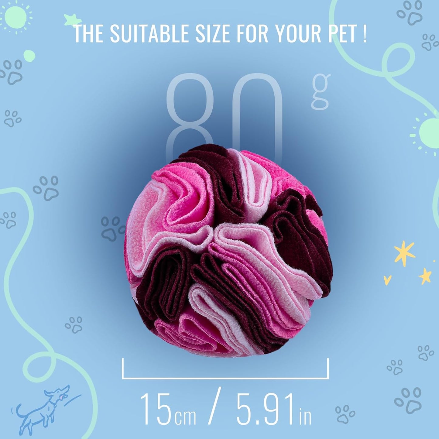 Pet Snuffle Ball, Puzzle Sniffing Interactive Dog Ball for Blind Dogs Training Stress Relief Dog Enrichment Toys Treat Machine Washable (15cm, Fantasy Pink)