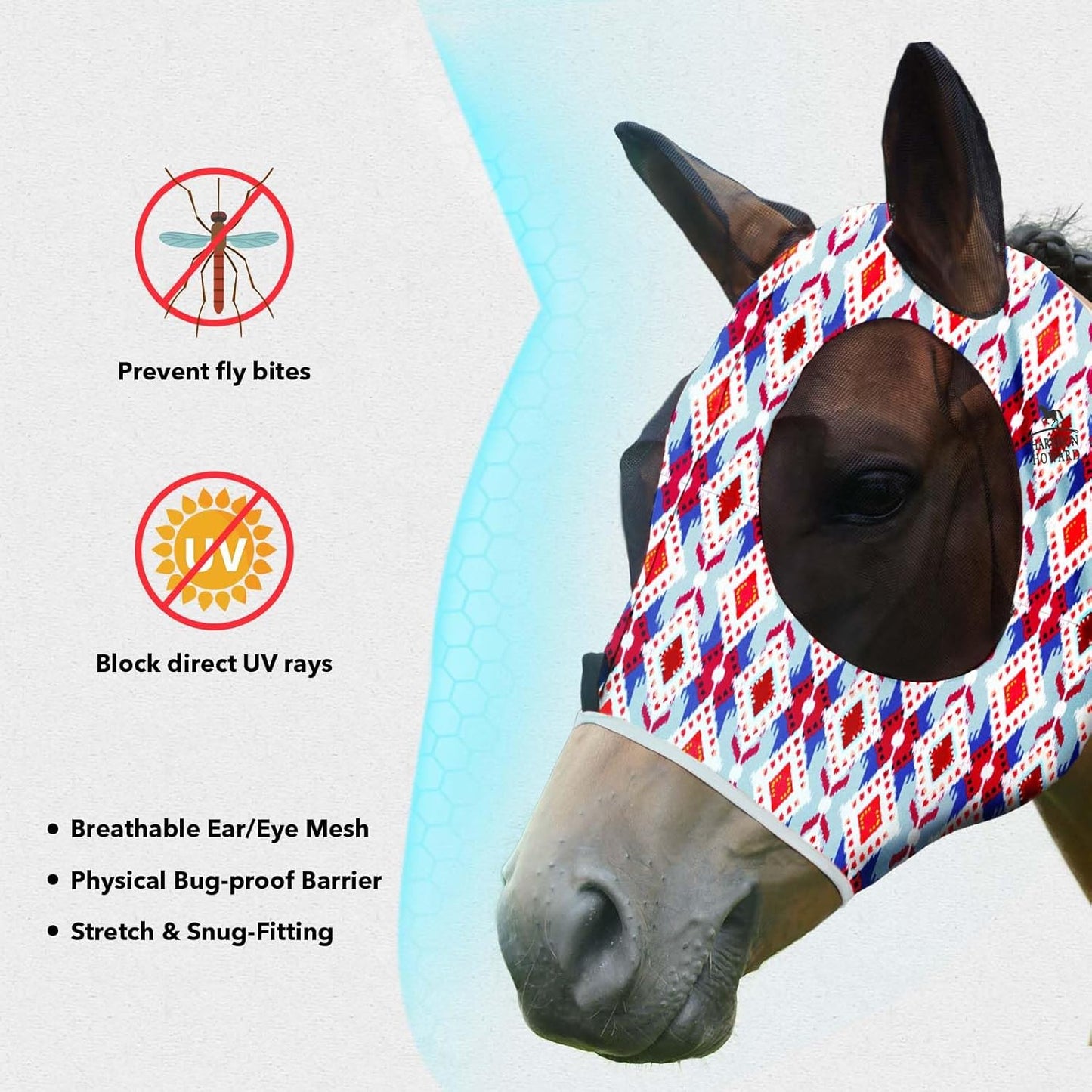 Harrison Howard Super Comfort Stretchy Fly Mask Large Eye Space with UV Protection Soft on Skin with Breathability Tribal Abstract M Cob