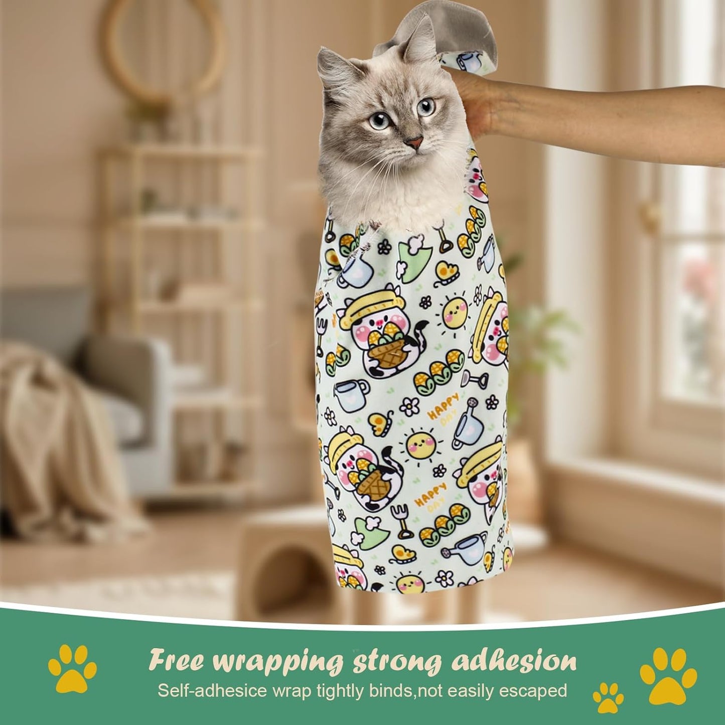 Cat Wrap for Cutting Nails and Grooming(27"x27"),Cat Restraint Wrap for Nail Clipping, Self-Adhesive Fabric Cat Swaddle Burrito Wrap for Nail Trimming (Cow Style)
