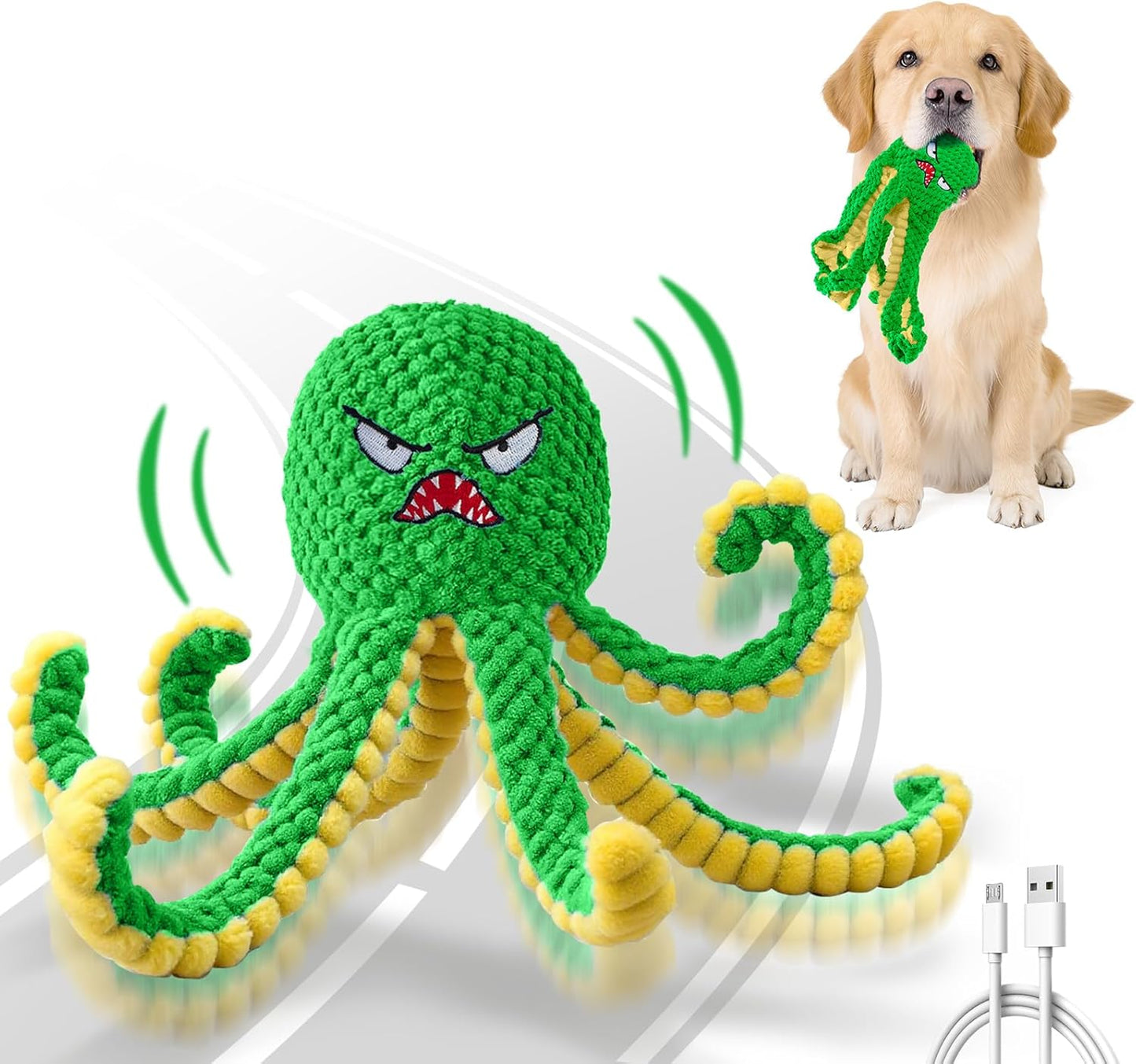 Interactive Dog Toys Octopus,Durable Automatic Jumping Dog Toy to Keep Them Busy,Squeaky Moving Tug of War Doggie Toy,USB Rechargeable,Not for Aggressive Chewers (Green)