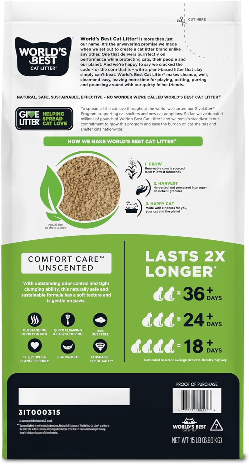 WORLD'S BEST CAT LITTER Comfort Care Unscented 15-Pounds - Natural Ingredients, Quick Clumping, Flushable, 99% Dust Free & Made in USA - Long-Lasting Odor Control & Easy Scooping