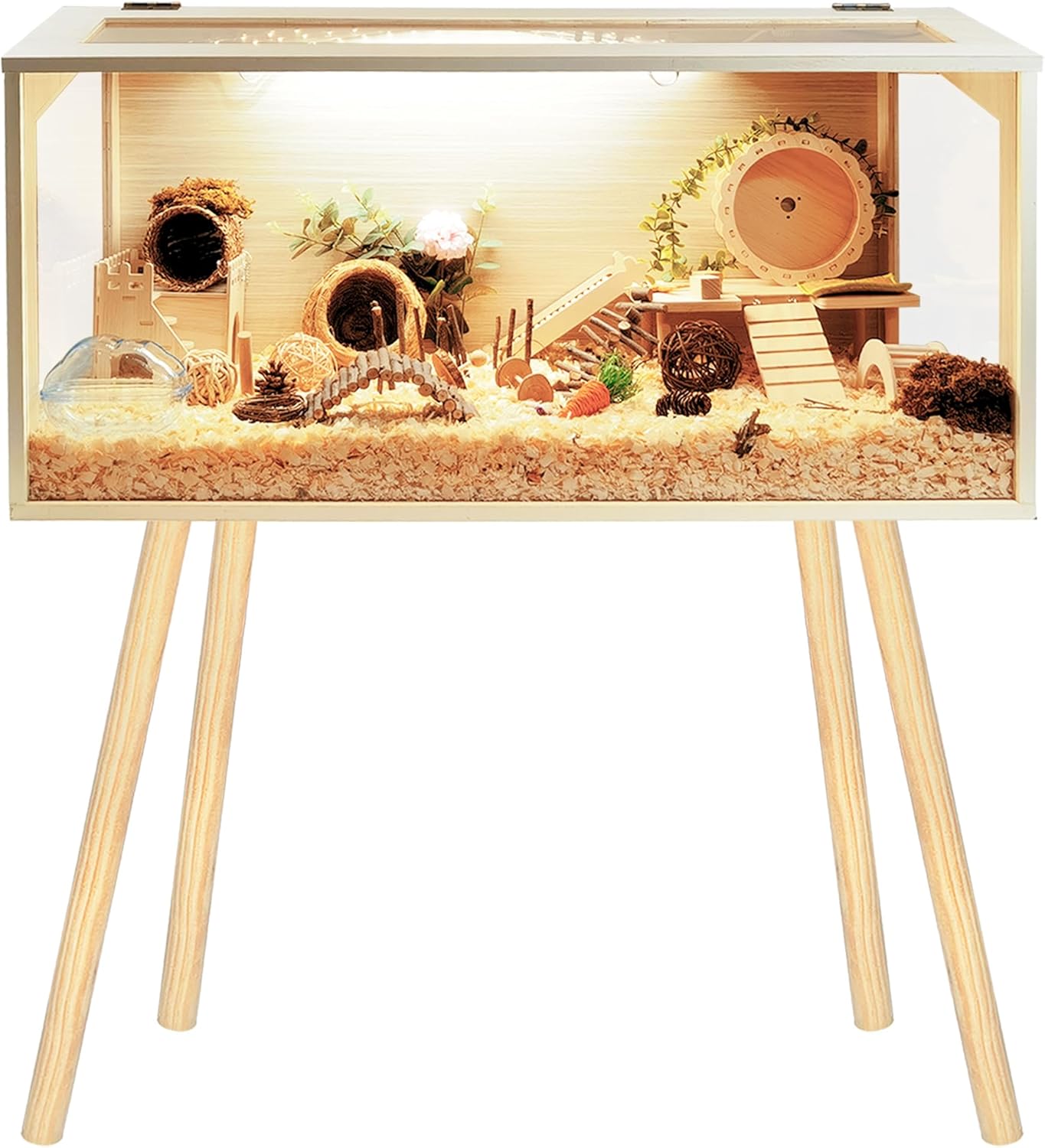 Prolee Hamster Cage Wooden Chew Proof, Extra Large Mice and Rat Habitat Openable Top with Acrylic Sheets Solid Built Small Animal Cage with Leg Stands, 40 Inch Long