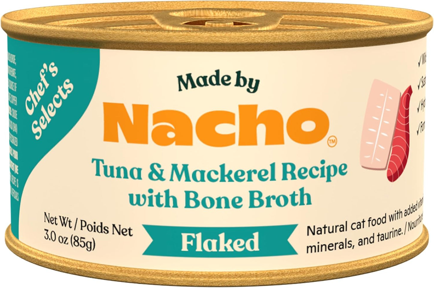 Made by Nacho Flaked Filets Recipe in Bone Broth, Grain-Free Chef's Selects Wet Food for Cats Balanced Diet in Naturally Hydrating Pumpkin-Infused Broth (3.0 oz (Pack of 12), Tuna & Mackerel)