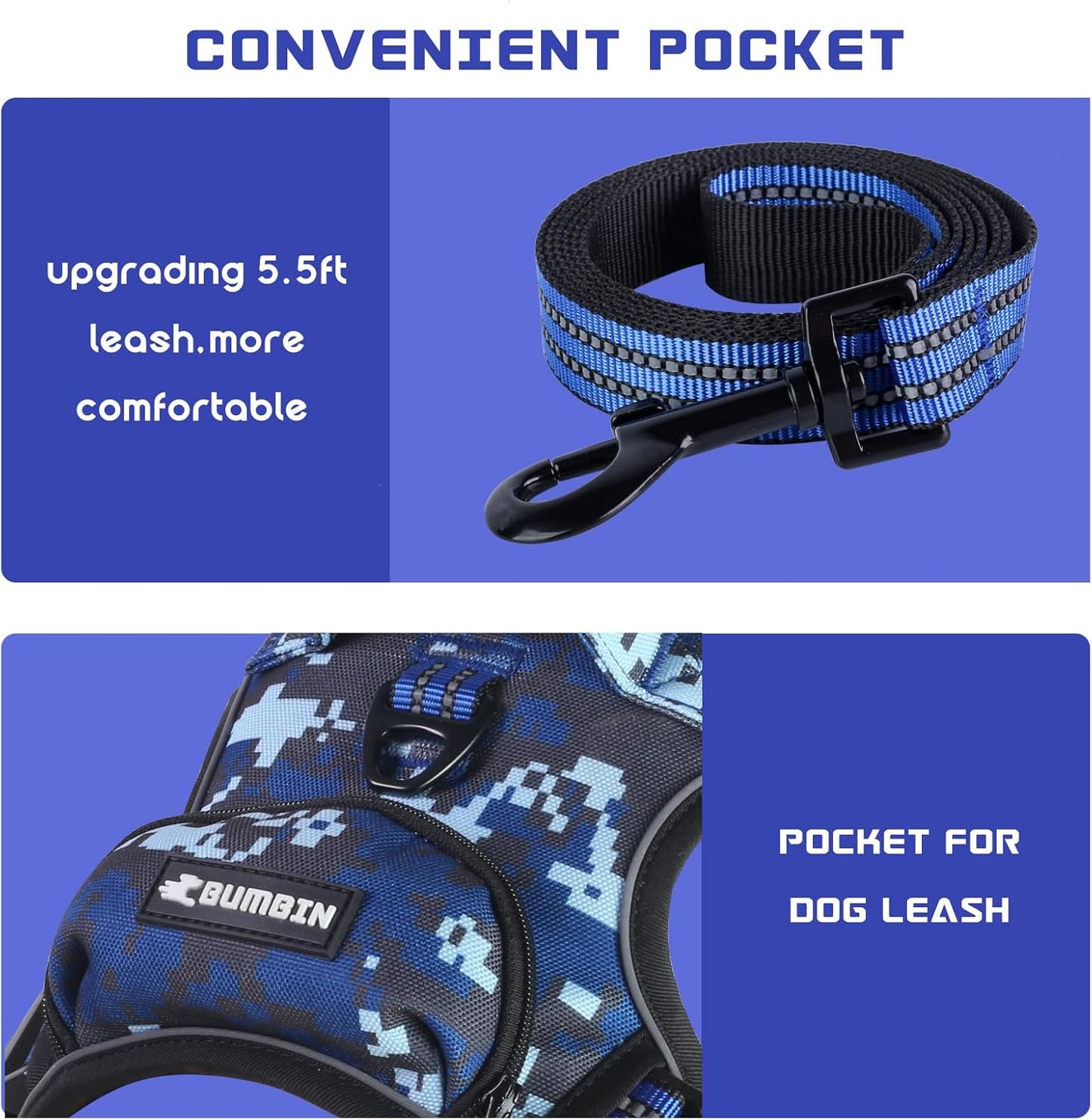BUMBIN Dog Harness for Large Dogs, No Pull Adjustable No Choke Pet Vest with Dog Leash Fit Smart Reflective Pet Walking Harness for Training Easy Control Soft Handle Denim Blue L