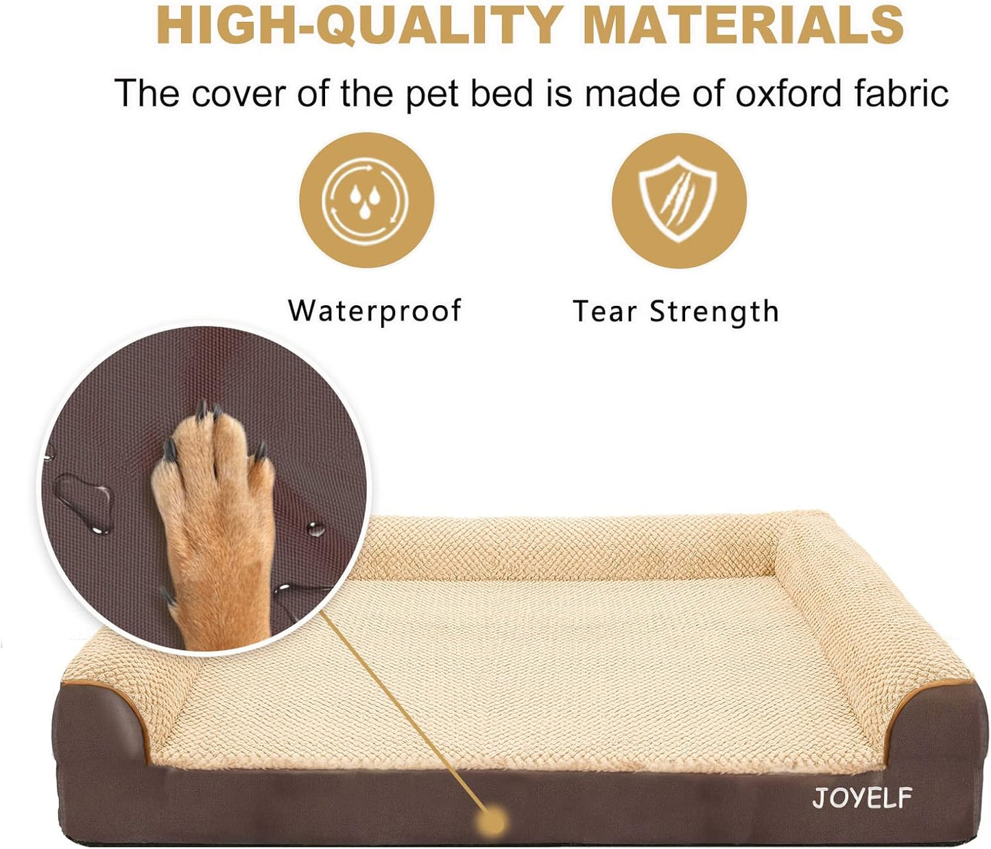 JOYELF Orthopedic Dog Bed for Extra Large Dogs, U-Shaped Foam Sofa Couch Bed, Bolster Waterproof Pet Bed with Removable Washable Cover and Nonskid Bottom for Dogs - Coffee