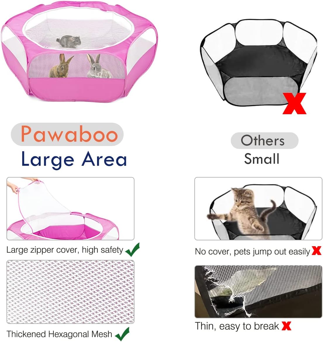 Pawaboo Small Animals Playpen, Waterproof Small Pet Cage Tent with Zippered Cover, Portable Outdoor Yard Fence with 3 Metal Rod for Chick/Kitten/Puppy/Guinea Pig/Rabbits/Hamster/Chinchillas,Magenta