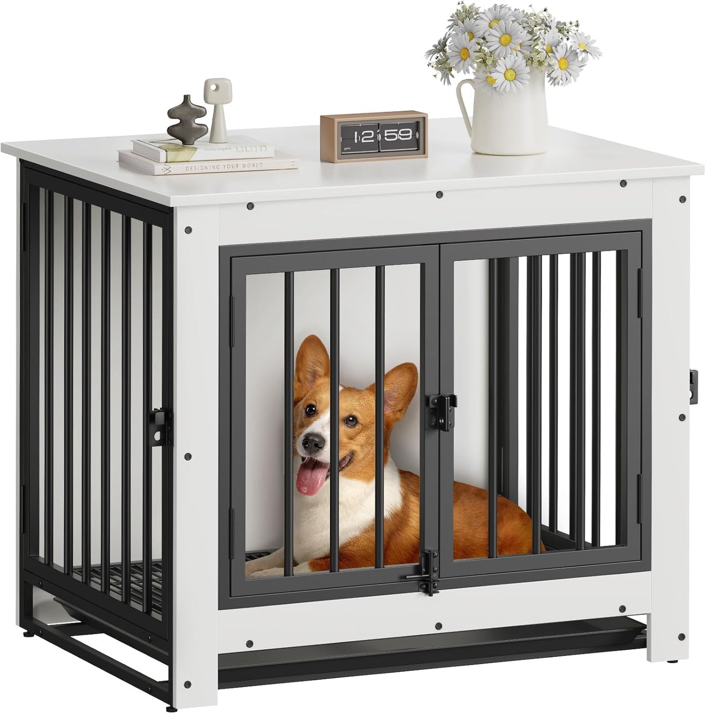Dog Crate Furniture, Dog Crate End Table for Small and Medium Dogs,Wooden Cage Kennel Furniture Indoor, Modern Dog Crate with Multi-Purpose Removable Tray, Double-Doors Dog Furniture, White